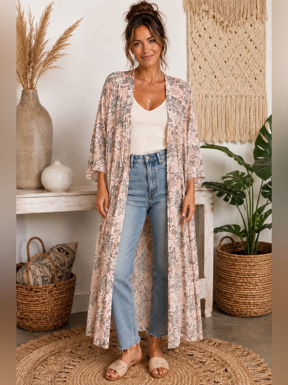 NWOT Rhea Cotton Duster Kimono Cardigan Blush Gray Boho L/XL India A31